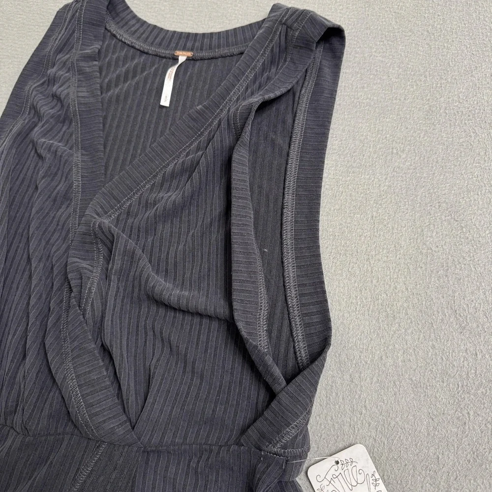 Free People Rising Sun Dress Small Black Ribbed Stretch Wrap V-Neck Front‎ Slit